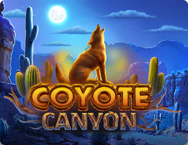 A brown, furry Coyote howling at the moon in the desert with the game title Coyote Canyon at the nottm. there are hues of blue to represent the darkness of the night