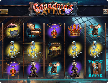 Grandmas Attic  slot game, a screenshot of the reels featuring some of the icons like a skeleton, a valuable necklace, a crown with jewels and the free spins icon