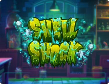 creepy, haze in a laboratory with the game title: Shell Shock in the front, in green writing and electric currents around it