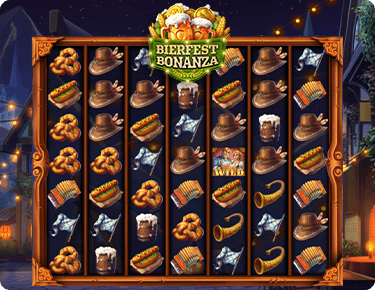 Bierfest Bonanza slot game screenshot of the reels at Desert Nights casino, weißwurst, horn from the umpa band, brezen, bier mugs, maß, oktoberfest tent, bavarian flags