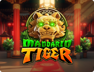 Mandarin Tiger slot game to be played at Desert Nights Casino, a golden tiger statue with lucky green eyes, set in an oriental building with peaceful nature and a beautiful ray of sunshine coming through and beaming on the tiger