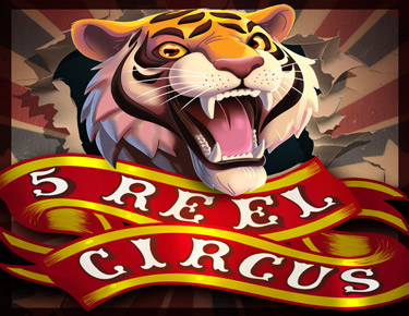 Tiger at a circus breaking through the paper barricade, black border,  5 Reel Circus game title