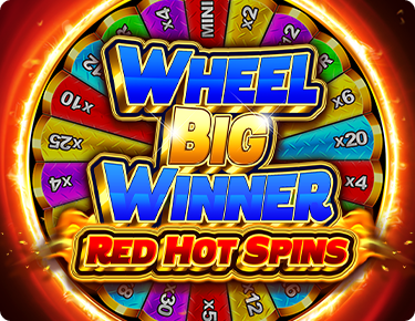 colourful spinning wheel with prize values, ring of flames around it and game title Wheel Big Winner Red Hot Spins in blue, gold and white, as an overlay