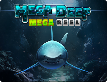 A massive great white shark deep beneath the ocean's surface with a ray of sunshine penetrating the water and game title Mega Deep Mega reel in blue, green and silver at the top