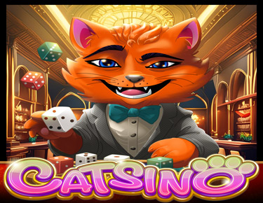 orange cat wearing a bowtie and grey suit jacket at a casino, throwing dice