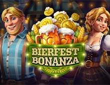 Bierfest Bonanza slot game screenshot of the reels at Desert Nights casino, weißwurst, horn from the umpa band, brezen, bier mugs, maß, oktoberfest tent, bavarian flags