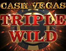 casino chip with radiating lights around it, led lights creating arrows to give the game image a 3D effect. Game title Cash Vegas Triple Wild in red and gold, in front