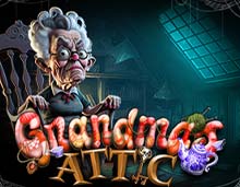 Grandmas Attic  slot game, a screenshot of the reels featuring some of the icons like a skeleton, a valuable necklace, a crown with jewels and the free spins icon