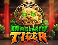 Mandarin Tiger slot game to be played at Desert Nights Casino, a golden tiger statue with lucky green eyes, set in an oriental building with peaceful nature and a beautiful ray of sunshine coming through and beaming on the tiger