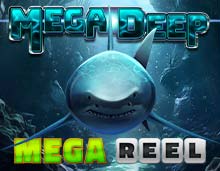 A massive great white shark deep beneath the ocean's surface with a ray of sunshine penetrating the water and game title Mega Deep Mega reel in blue, green and silver at the top