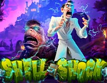 creepy, haze in a laboratory with the game title: Shell Shock in the front, in green writing and electric currents around it