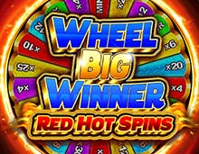 colourful spinning wheel with prize values, ring of flames around it and game title Wheel Big Winner Red Hot Spins in blue, gold and white, as an overlay