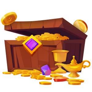 A magical overflowing treasure chest with gold coins, a gem, and a magic lamp, invoking a sense of enchantment and wealth.