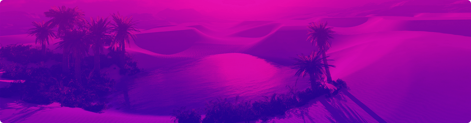 A desert oasis at dusk, cast in vivid pink and purple hues.