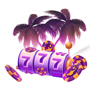 purple palm trees, 777 slot machine, casino chops, midnight hue, slot machine arm, purple, yellow and orange tinges