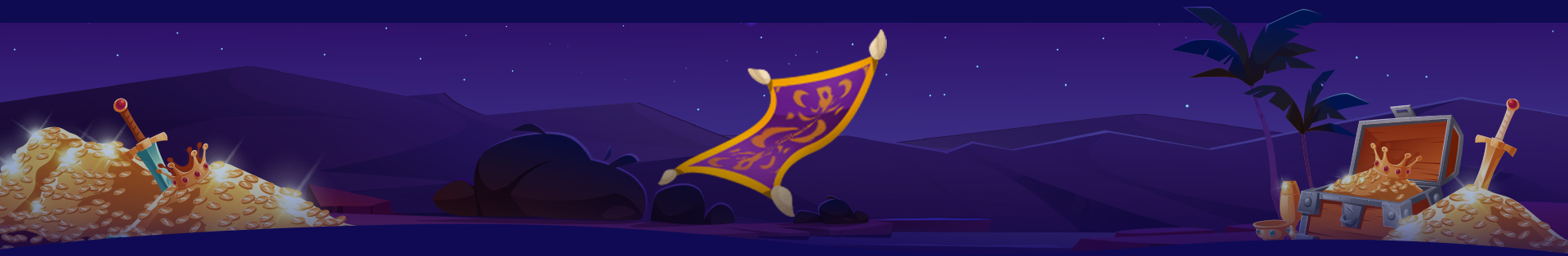 Desert at night, magic carpet, piles of treasure in the left and right, a flying carpet and palm trees