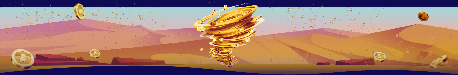 A stylized desert landscape with a cash tornado, flying golden coins and warm hues