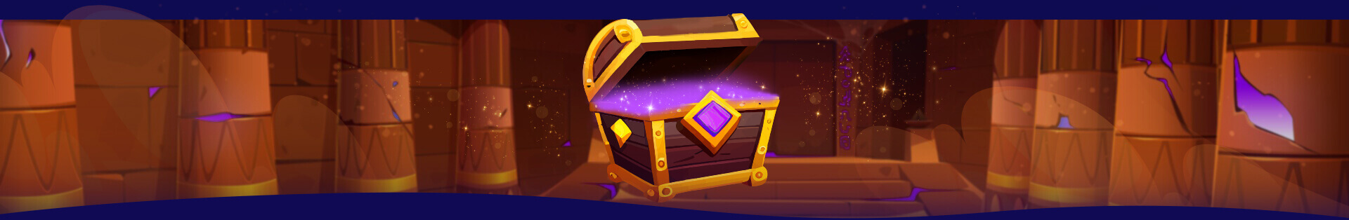  A mystical hallway with purple glowing dunes, a purple treasure box and golden accents