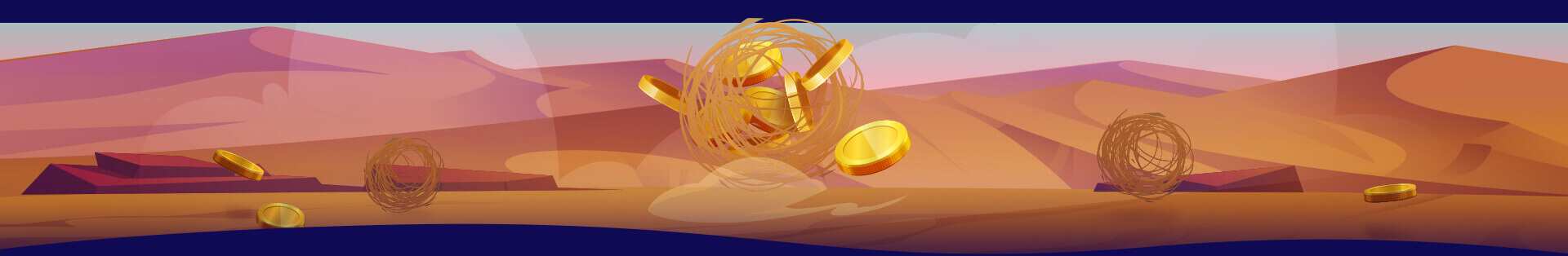 A serene desert scene with mountains, tumbling weeds, and scattered coins.